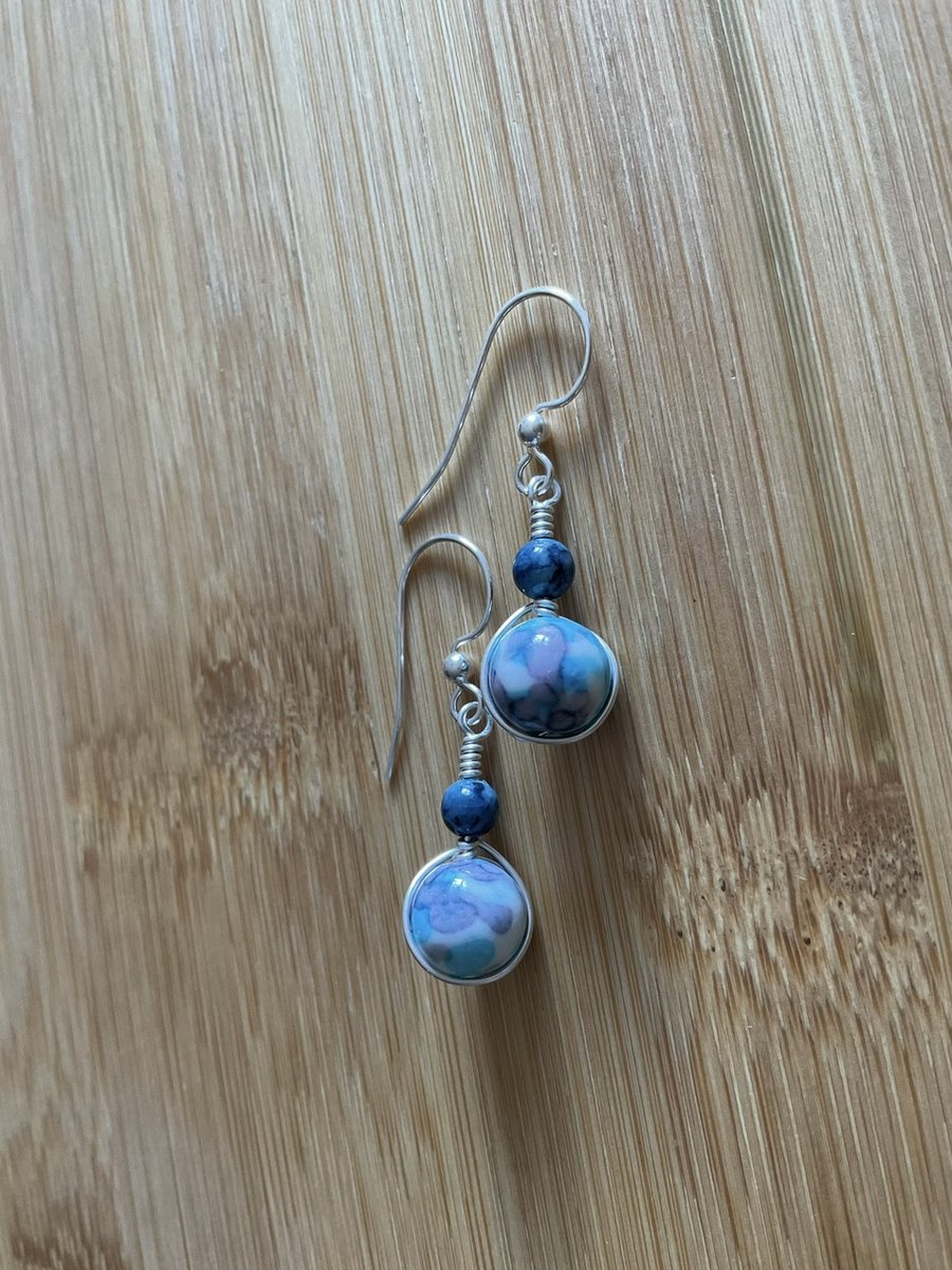 Ocean blue and white Jade and Sea fossil Sterling silver wire wrapped earrings