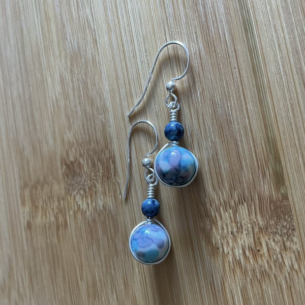 Ocean blue and white Jade and Sea fossil Sterling silver wire wrapped earrings