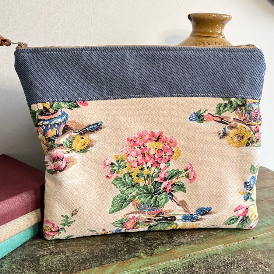 Vintage floral book pouch zip bag from reclaimed materials