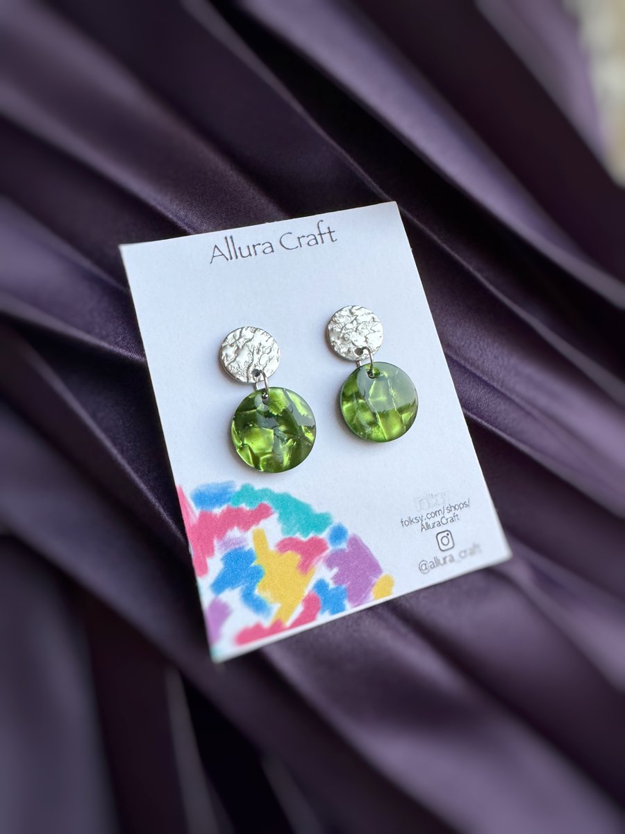 Silver and Green Textural Earrings