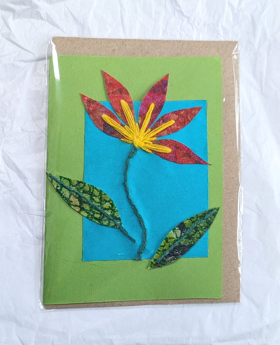 Flower Handmade Greetings Card from Stitched Recycled Plastic A6