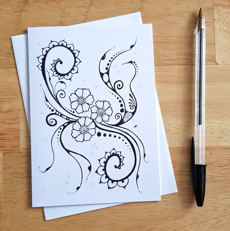 Black and White Floral Doodle Card - Swirls and Flowers Art Card