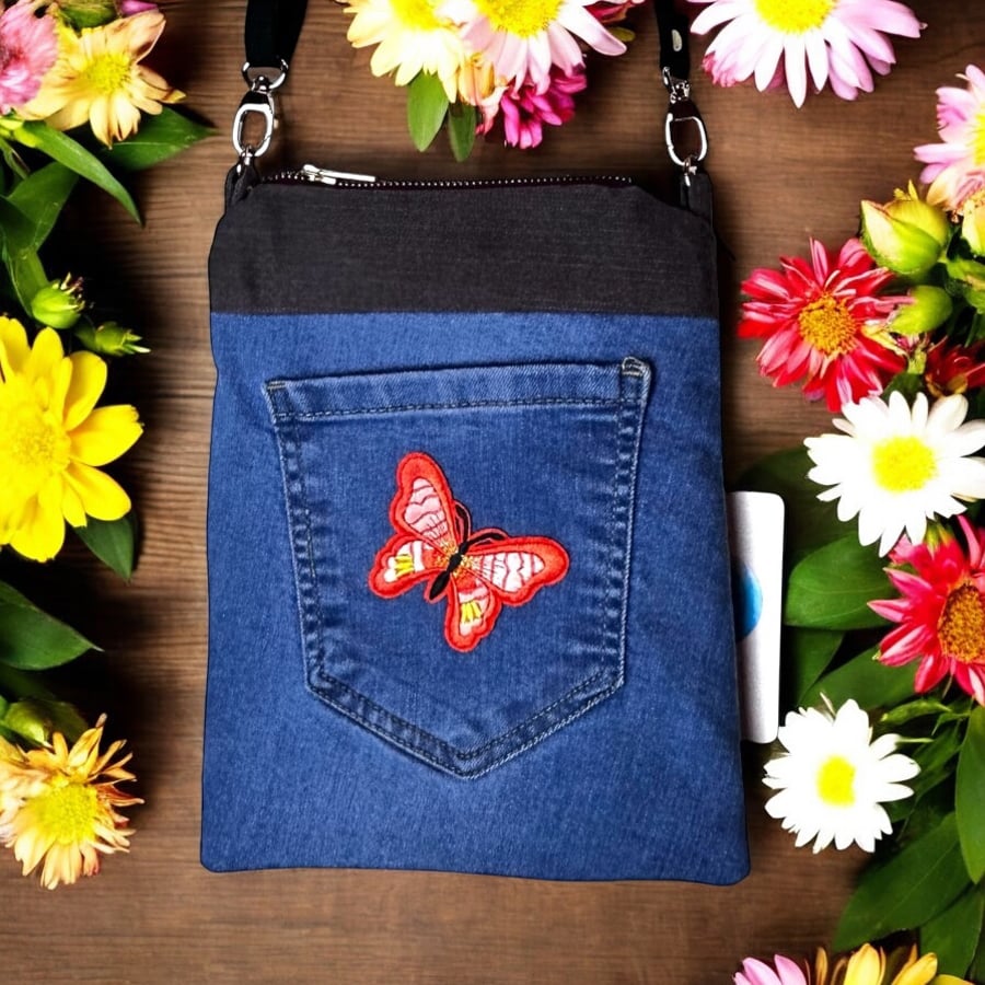 Handmade denim zip up bag with butterfly perfect gift for her
