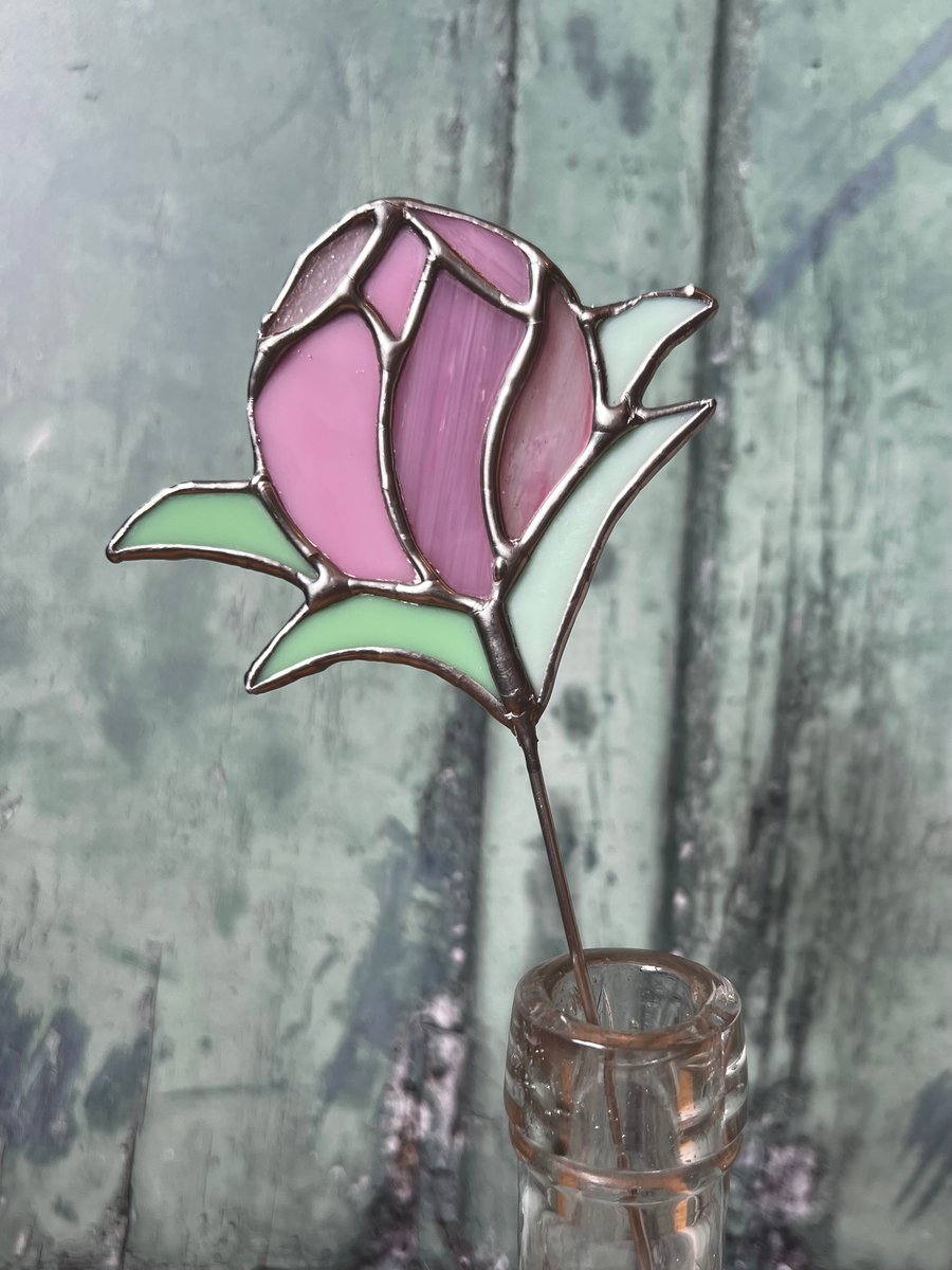 Pink Stained Glass Flower bud using Vintage Glass