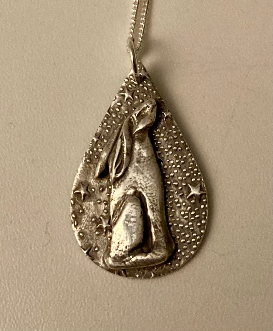 Moon gazing hare, pure silver pendant necklace. 