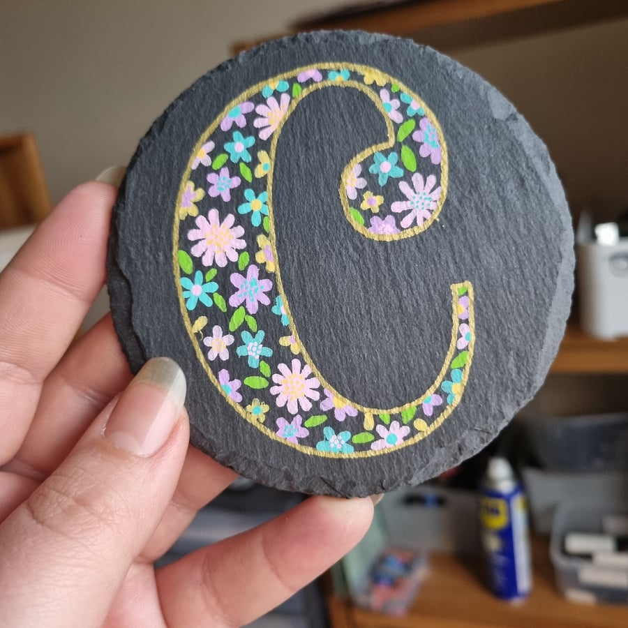 Hand Painted Round Slate Coaster - Pastel Spring Floral Design