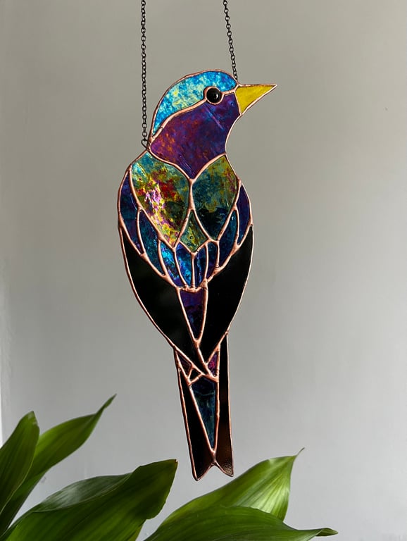Stained Glass Bird - iridescent leaded glass starling 