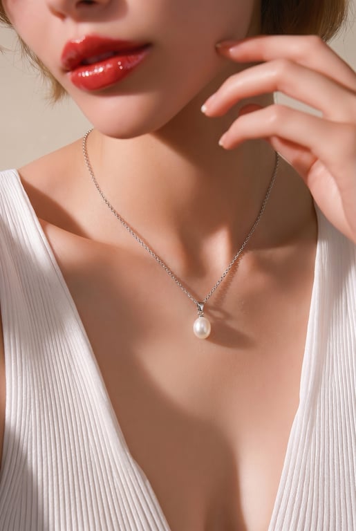 7.5mm Oval Freshwater Pearl Pendant Necklace in Sterling Silver 