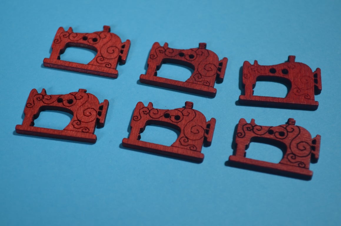 Wooden Sewing Machine Buttons Red 6pk Seamstress 26x20mm (S7)