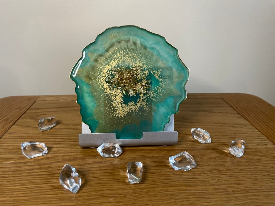 Teal and gold geode coasters