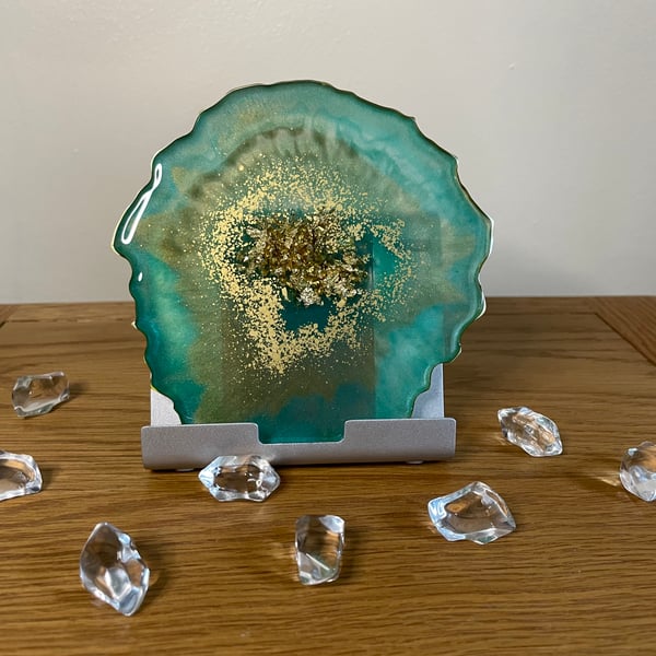 Teal and gold geode coasters