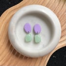 Lilac and green bead earrings – dangle stud earrings, polymer clay and stone 