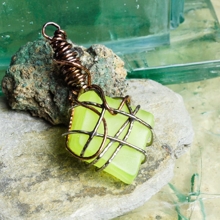 Uranium Glass, Sand-Tumbled, Chunky Accessory, Bag Charm, Key Ring