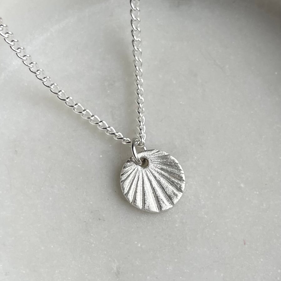 Round sunburst necklace, fine silver pendant on sterling silver filled chain
