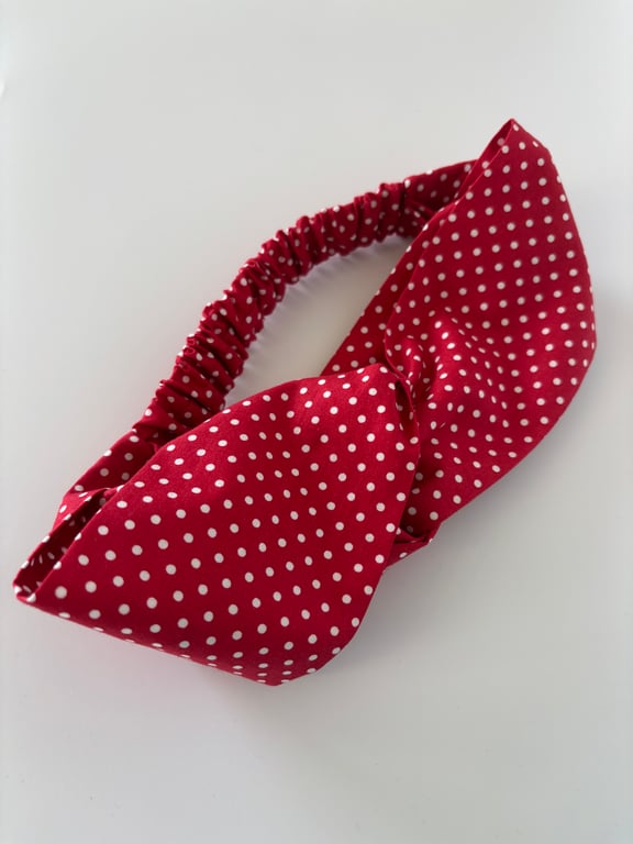 Cotton headband, twist knot style hairband in red with white polka dots