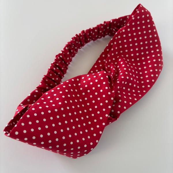 Cotton headband, twist knot style hairband in red with white polka dots