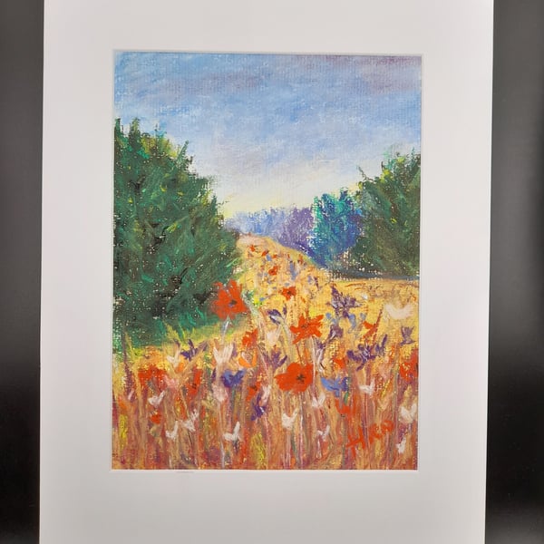 Soft pastel painting of wild flowers in meadow, mounted ready to frame