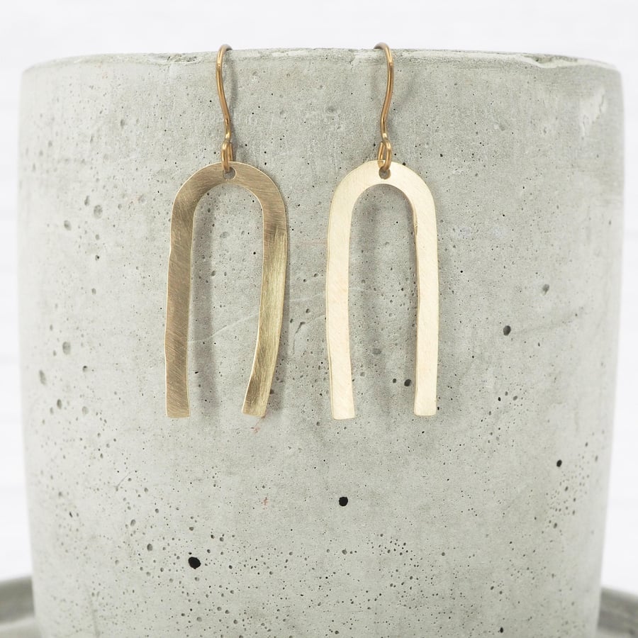 Hypoallergenic titanium ear wires - Brass arch dangle earrings - Unique gift