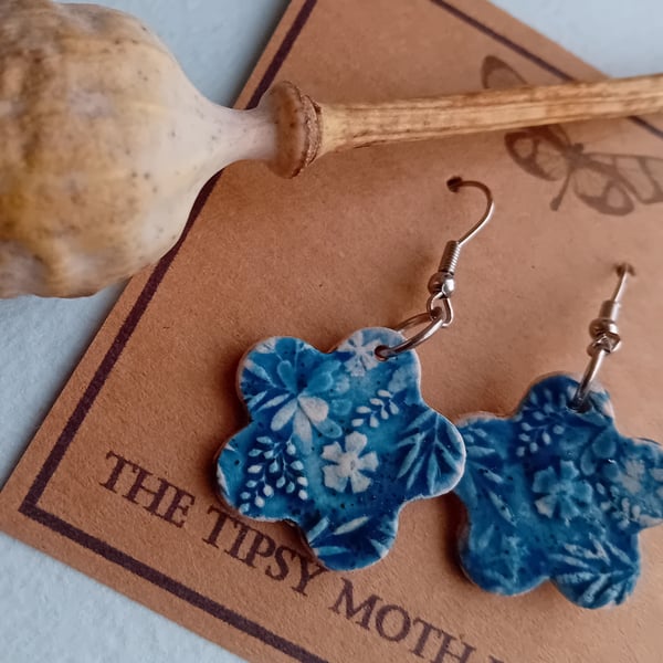 Demin blue floral embossed flower porcelain clay earrings surgical steel hooks