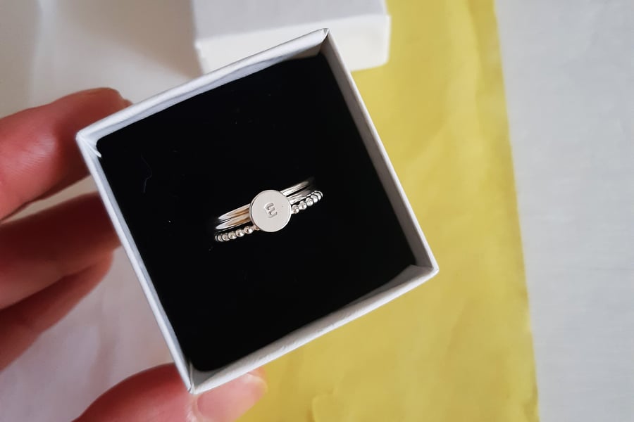 Initial stacking ring set, silver rings, personalised jewellery