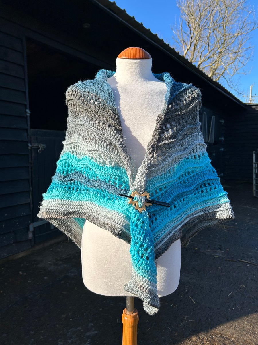 Blue Aquarius soft wool Triangle Lace and Texture Shawl Wrap