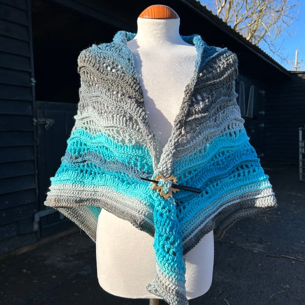 Blue Aquarius soft wool Triangle Lace and Texture Shawl Wrap