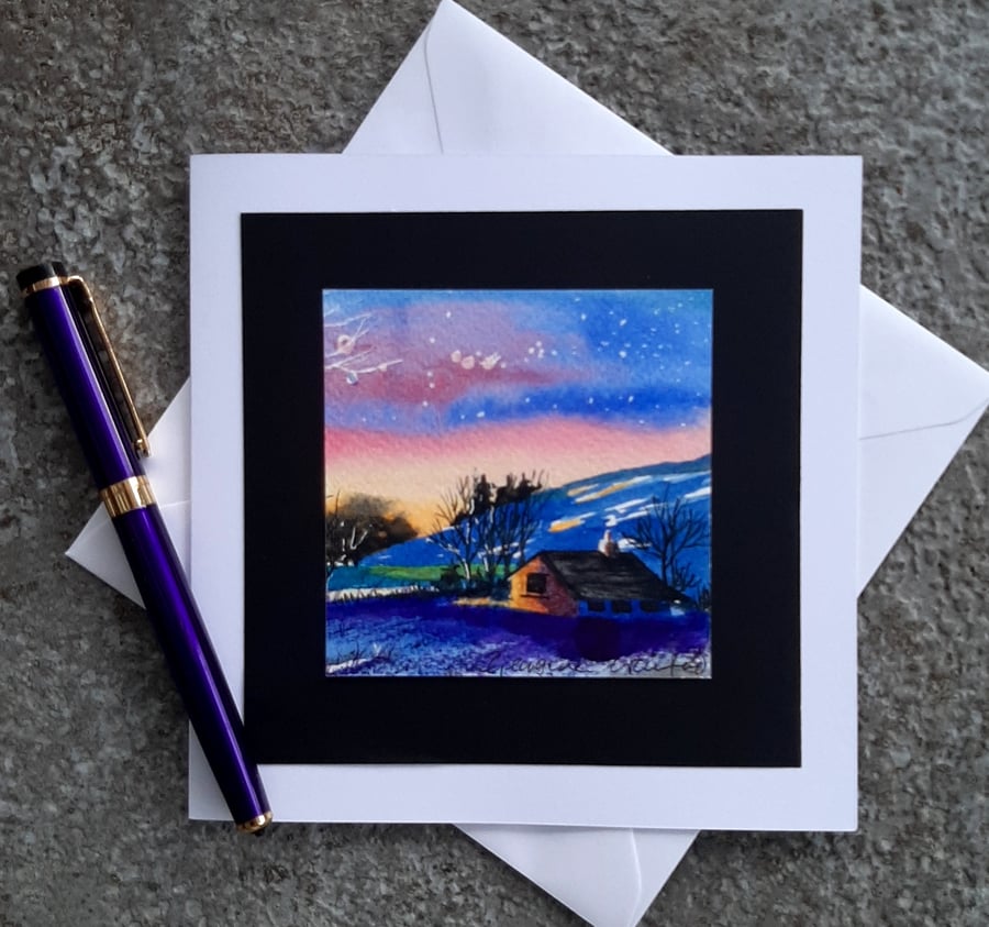 Handpainted Blank Card. A Cottage at Sunset. The Card That's Also A Keepsake