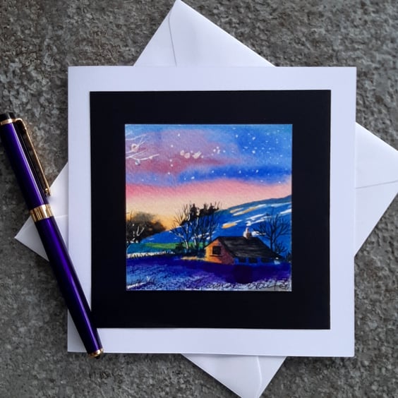 Handpainted Blank Card. A Cottage at Sunset. The Card That's Also A Keepsake