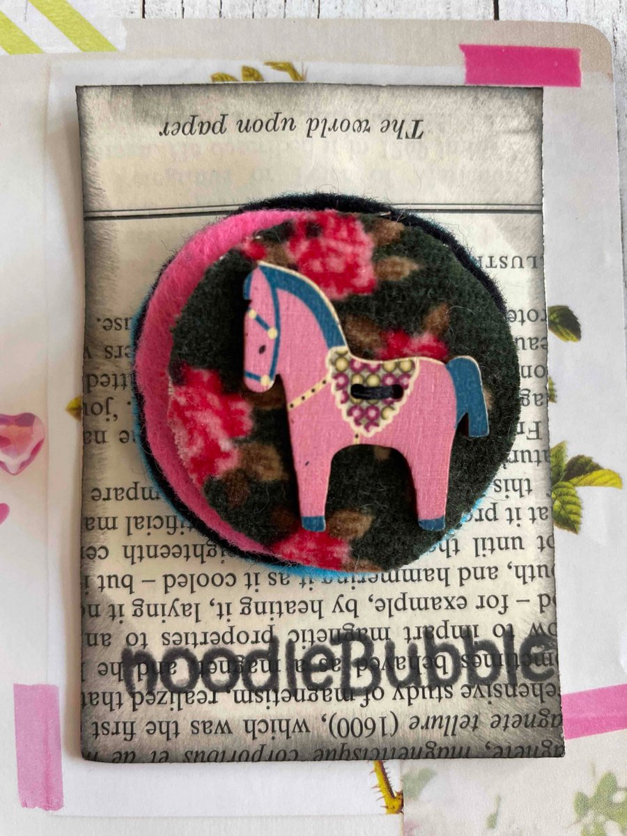 Pink Dala Horse Brooch 