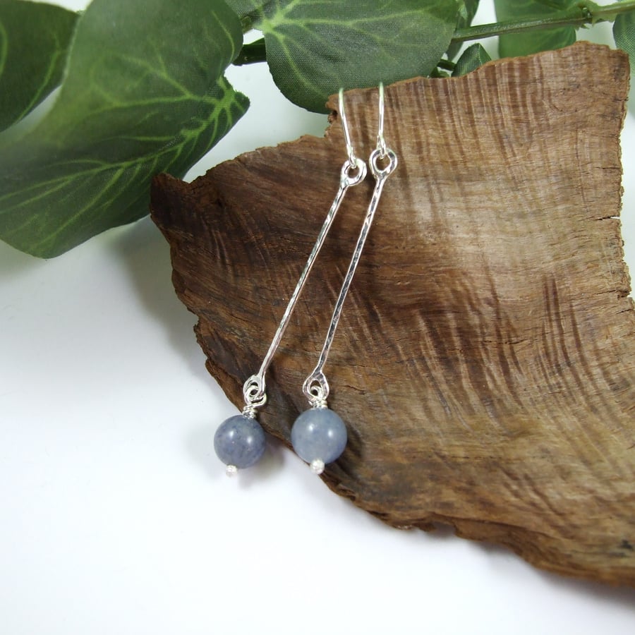 Earrings, Sterling Silver Long Stick and Blue Aventurine Gemstone Droppers