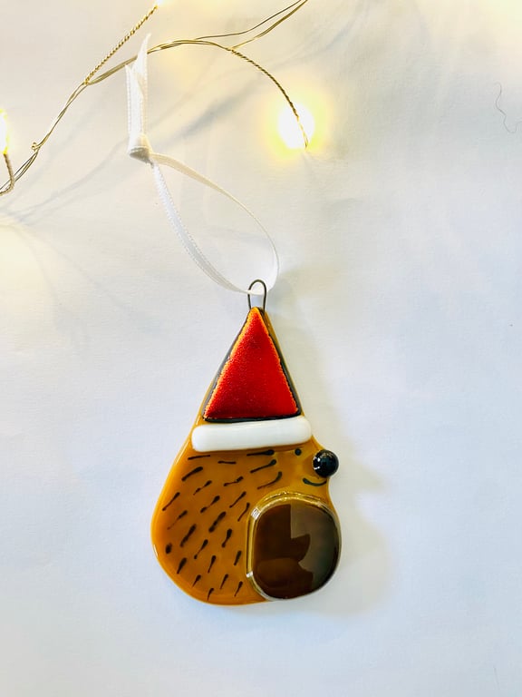 Hanging fused glass hedgehog Xmas tree decoration  
