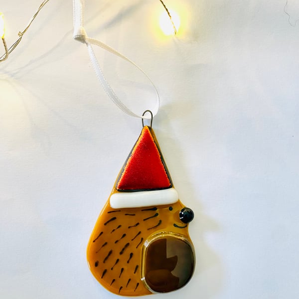 Hanging fused glass hedgehog Xmas tree decoration  