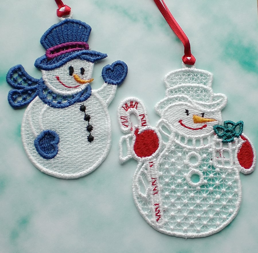 Embroidered Lace snowmen x 2