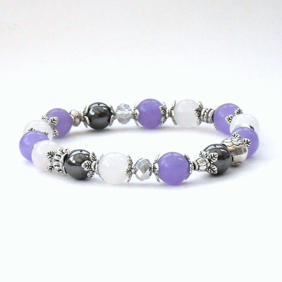 Multi-gemstone stretchy bracelet - purple, white, hematite, silver