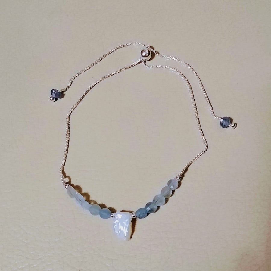 Natural Aquamarine And Freshwater Keshi Pearl Sterling Silver Slider Bracelet