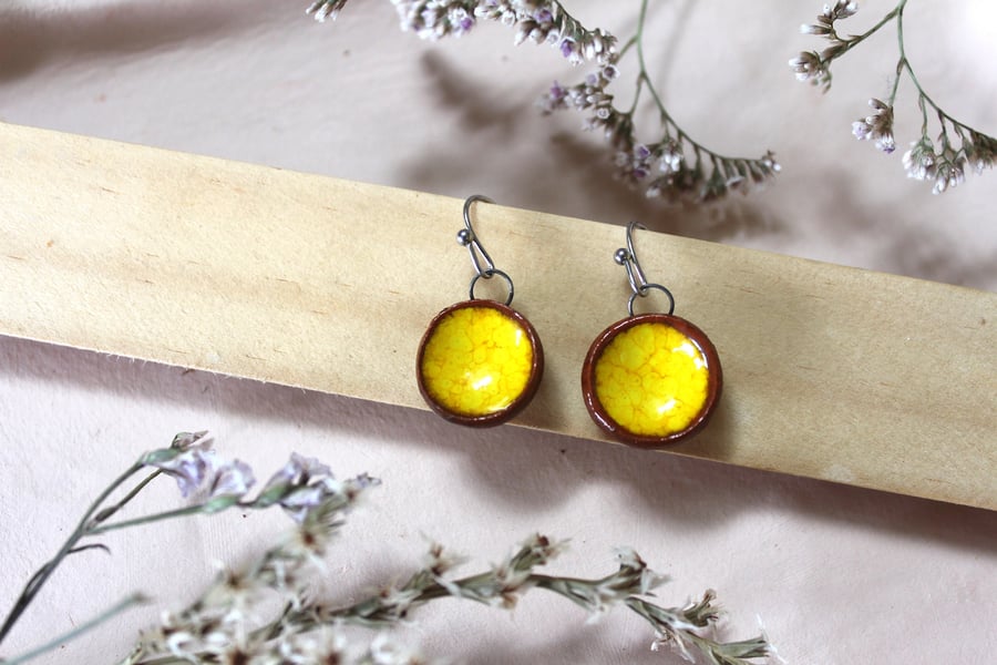 Handmade Yellow Ceramic Dangle Earrings, Foraged Bristol Clay