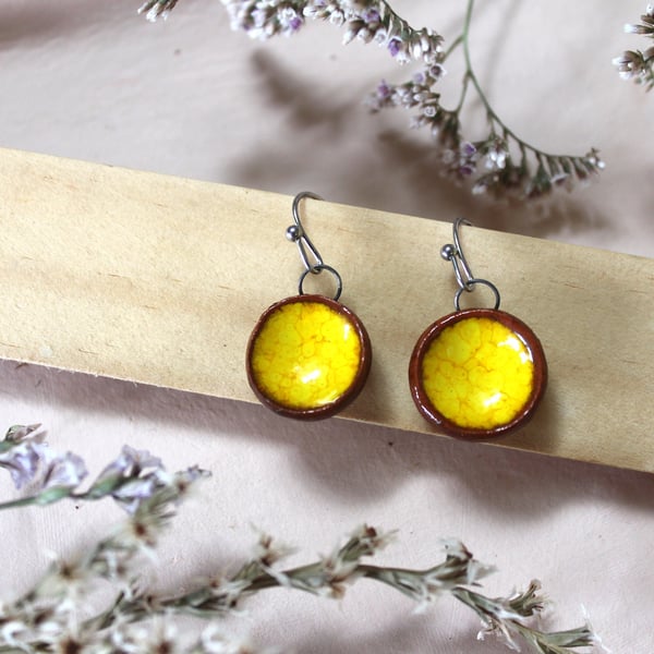 Handmade Yellow Ceramic Dangle Earrings, Foraged Bristol Clay