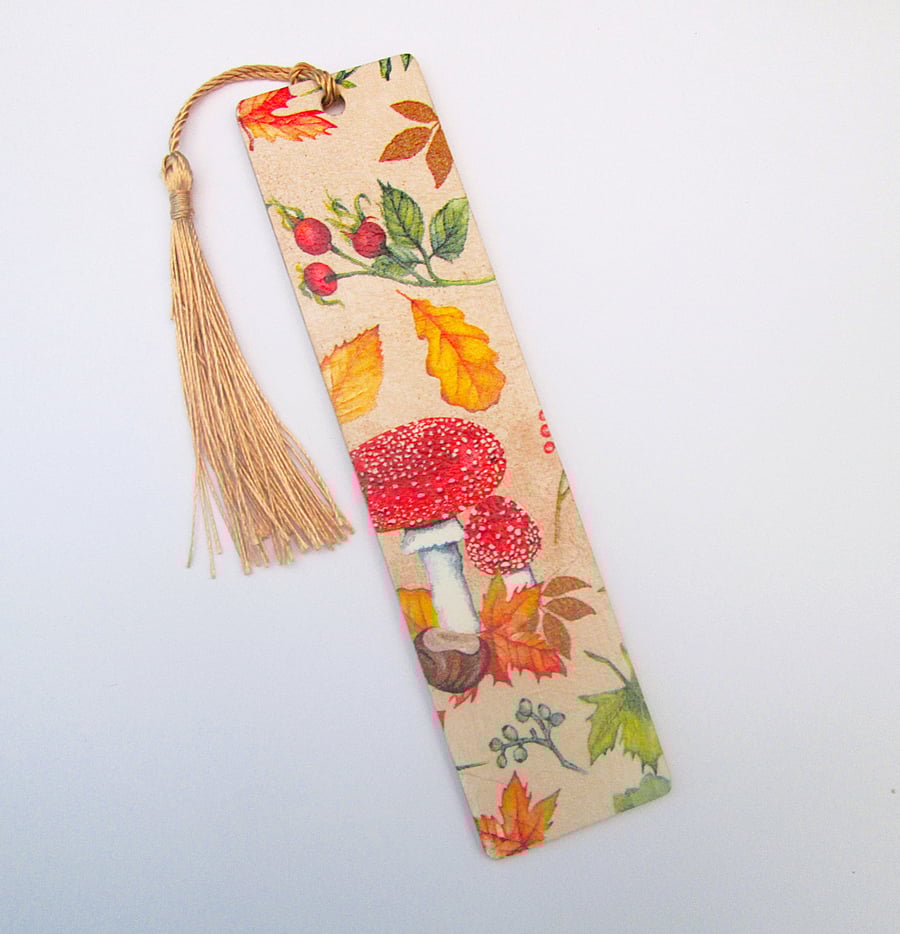 Autumn leaves and toadstool wood decoupage bookmark with tassel