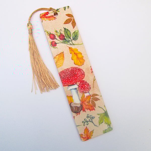 Autumn leaves and toadstool wood decoupage bookmark with tassel
