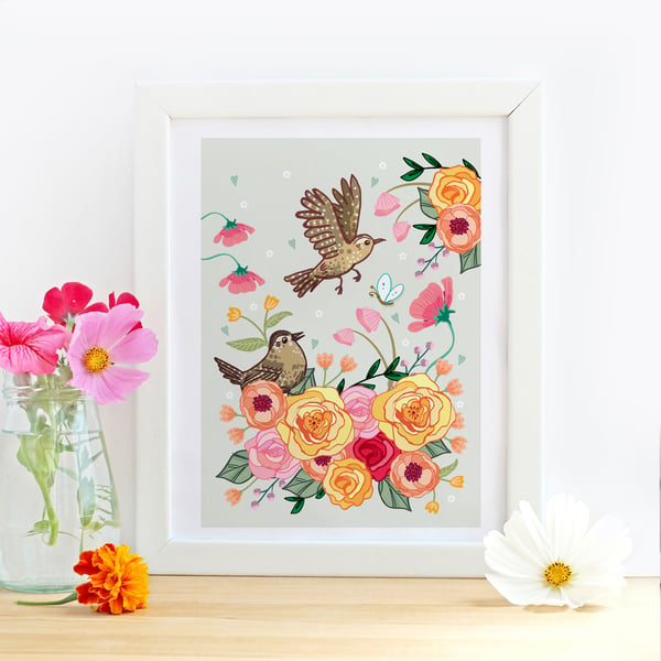 'Little Jenny Wren and Friend ' Illustration Print - Birds and Floral Wall Art