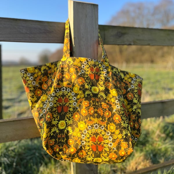 Vintage floral daisy chain cotton beach bag tote bag