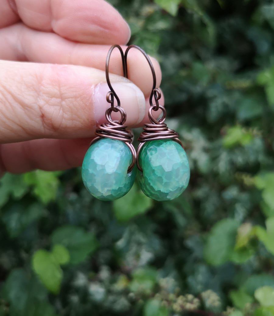 Green agate and copper wire work earrings