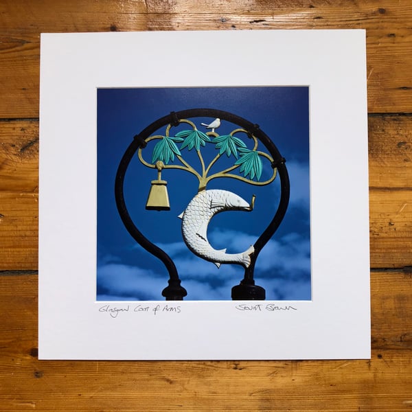 ‘Glasgow Coat of Arms’ signed square mounted print 30 x 30cm FREE DELIVERY