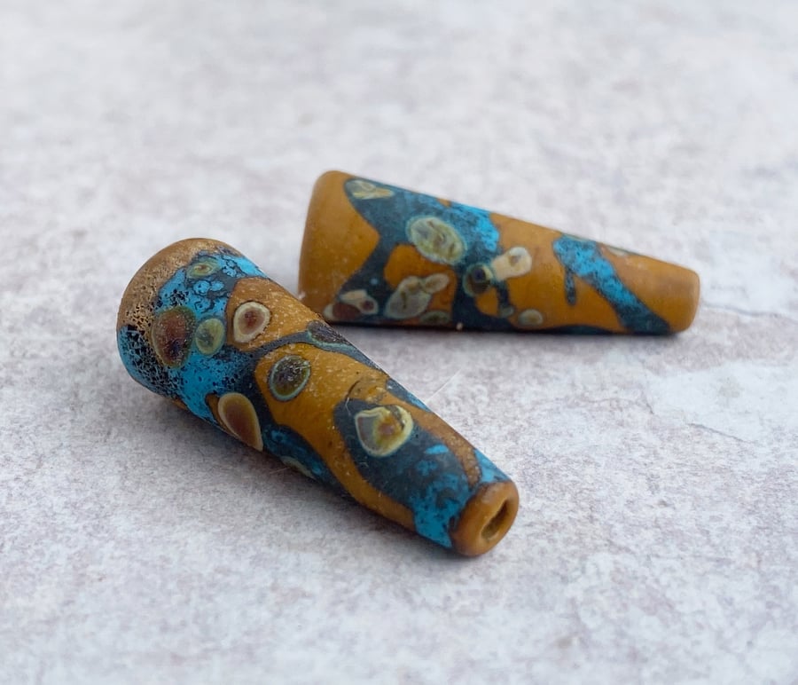 Terracotta & Dark Turquoise Lampwork Bead Pair