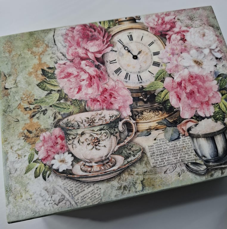 Wooden Tea Box with Compartments, Decoupaged Storage