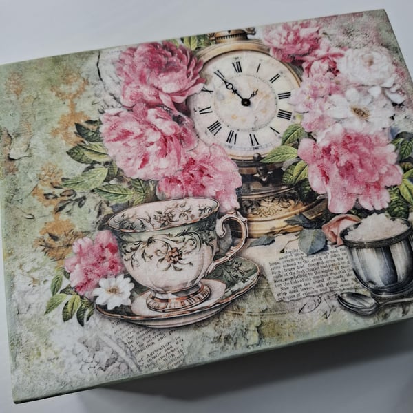 Wooden Tea Box with Compartments, Decoupaged Storage