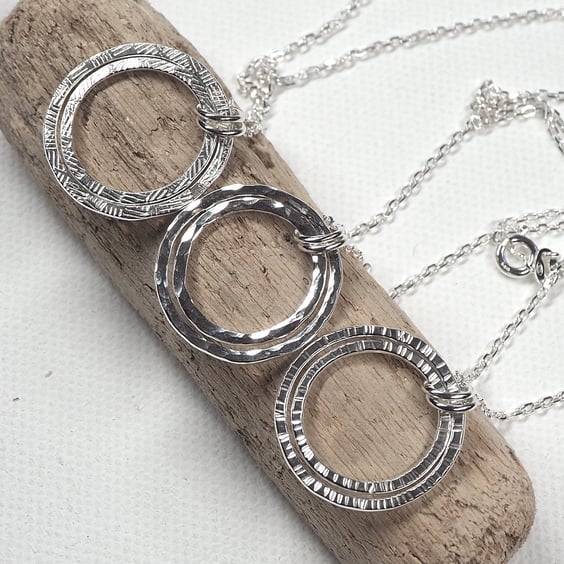 Silver hoops, Argentium Silver double ring pendant necklace, Eco silver jewelry