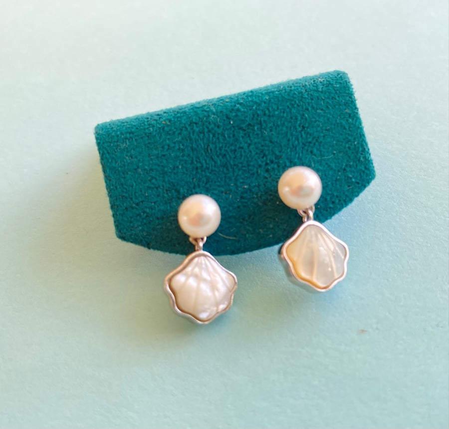 Freshwater Pearl and Shell Sterling Silver Earrings