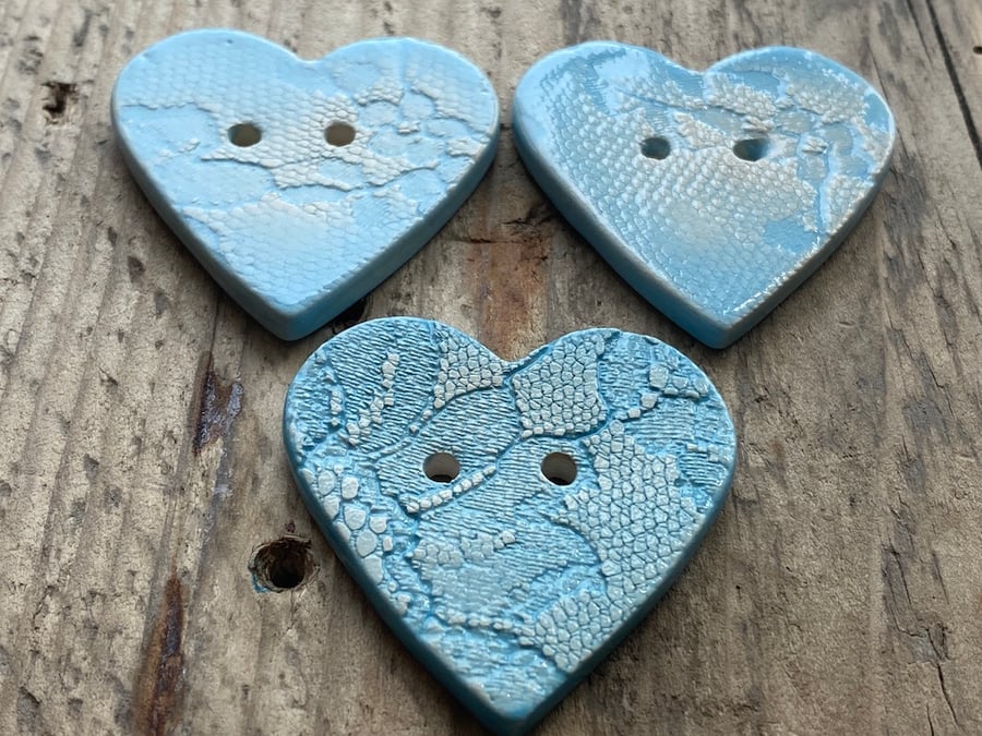 Button handmade ceramic large heart blue button sold individually