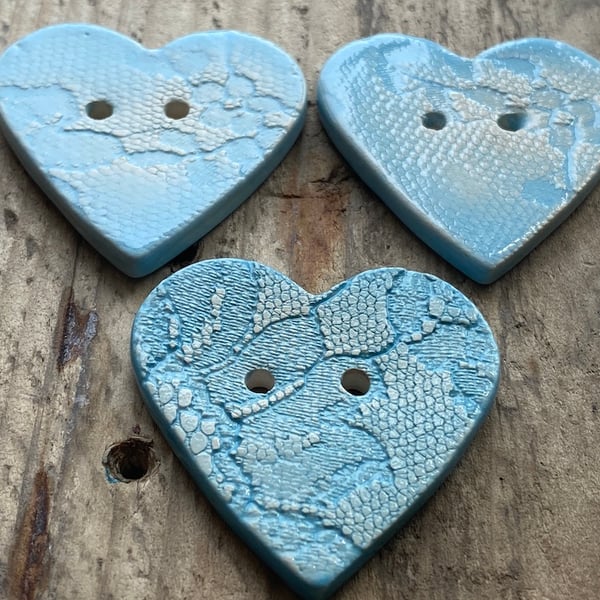 Button handmade ceramic large heart blue button sold individually